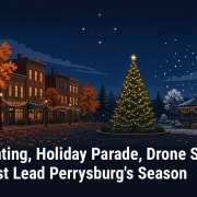Fostoria News: Illustration of a historic small-town main street with autumn leaves, holiday lights and a lit Christmas tree, with headline: Tree Lighting, Holiday Parade, Drone Show and Winterfest Lead Perrysburg's Season